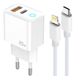   Kétportos 20W USB-C és USB-A hálózati töltő adapter, PD gyorstöltő, QC3.0 gyorstöltő + 1M USB-C - Lightning kábel