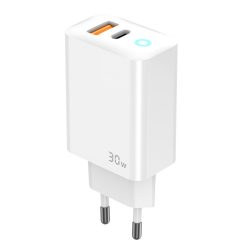   Kétportos 30W USB-C és USB-A hálózati töltő adapter, PD gyorstöltő, QC3.0 gyorstöltő