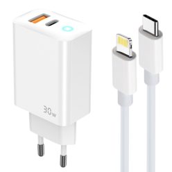   Kétportos 30W USB-C és USB-A hálózati töltő adapter, PD gyorstöltő, QC3.0 gyorstöltő + 1M USB-C - Lightning kábel